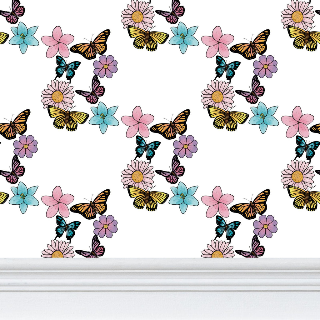 Butterflies and Flowers Repeat Pattern Wallpaper