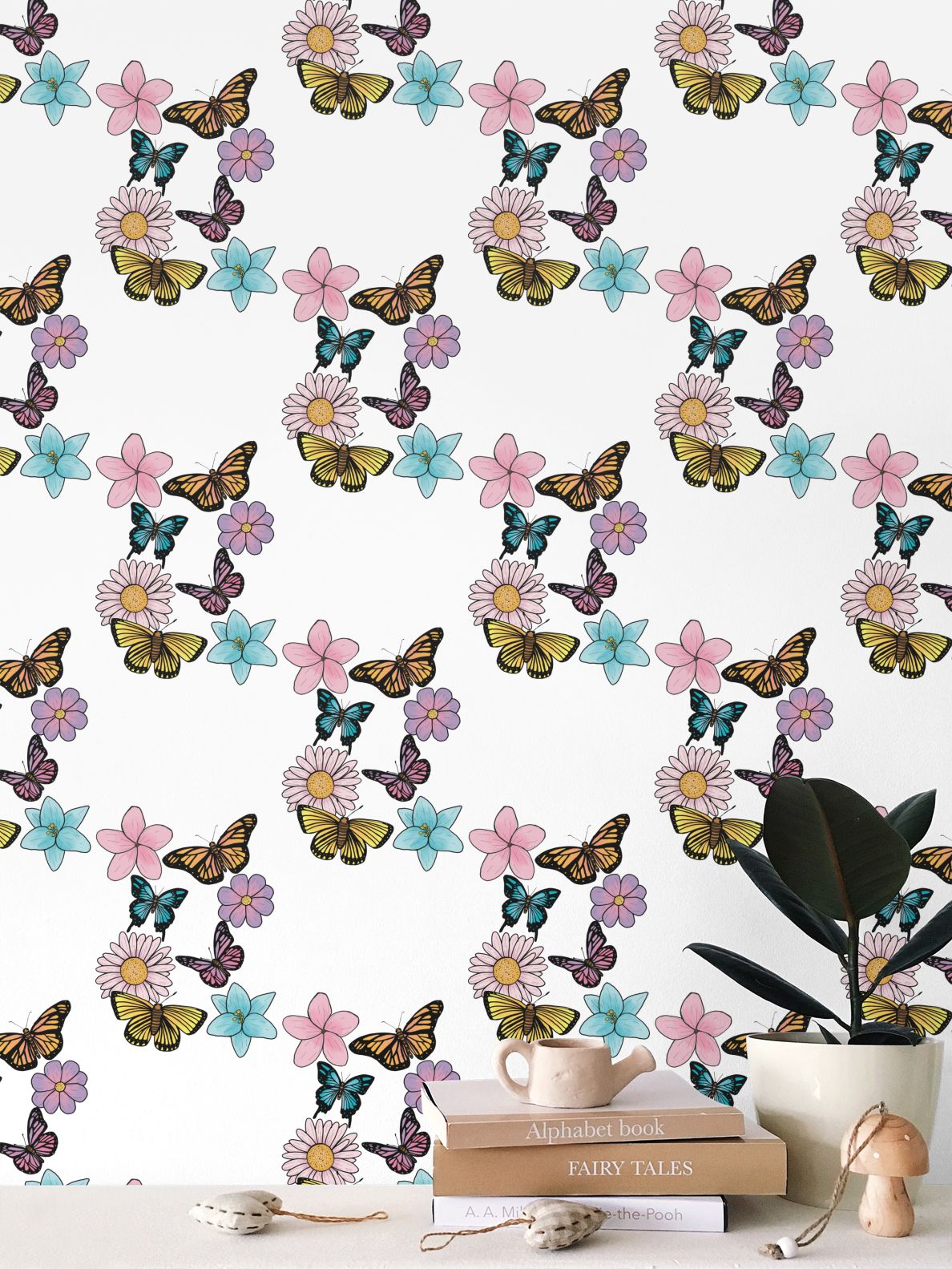 Butterflies and Flowers Repeat Pattern Wallpaper